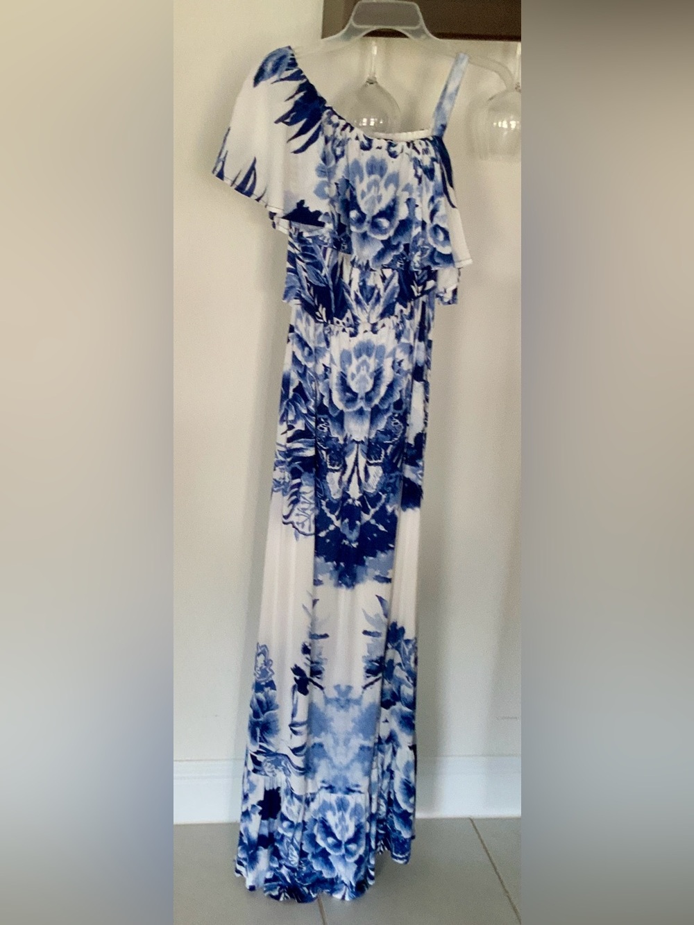 INC International Concepts Blue and White Floral One-Shoulder Maxi Dress